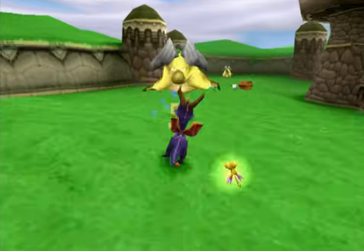 A screenshot of Spyro the Dragon. The youtuber I took this from seems to not have realized you don't have to use your fire breath against the sheep in the first level, you can just charge into them.